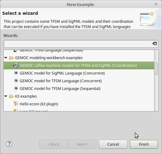 Wizard of the examples of coordination for the modeling workbench